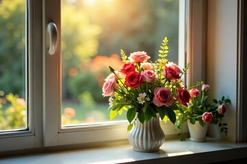 A floral arrangement on the windowsill with a hint of morning light, sunny, garden