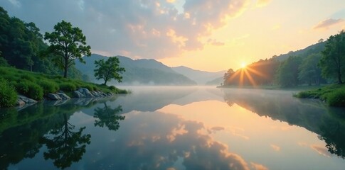 A peaceful lake at dawn with misty green surroundings, peaceful, scenery