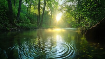 Obraz premium Serene Sunrise River: A Tranquil Forest Escape