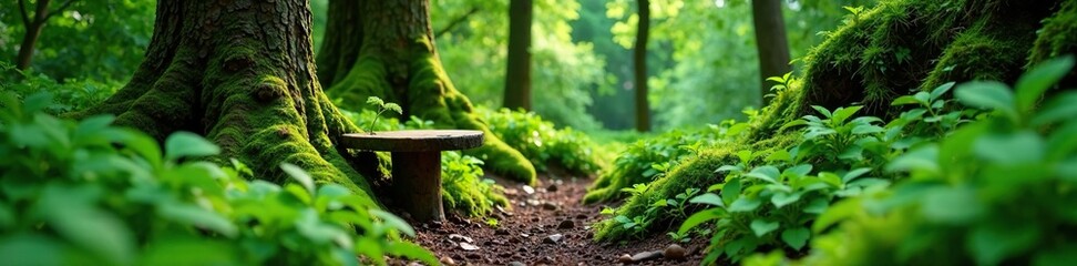 A small wooden table in a secluded wooded area covered by dense green plants, moss, soil