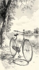 Obraz premium A vintage bicycle stands by a serene riverside, framed by trees under a cloudy sky, evoking a sense of nostalgia and tranquility.