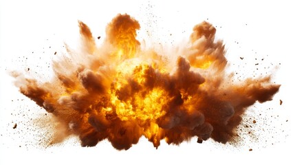 Fiery orange explosion with debris isolated on white background. (1)