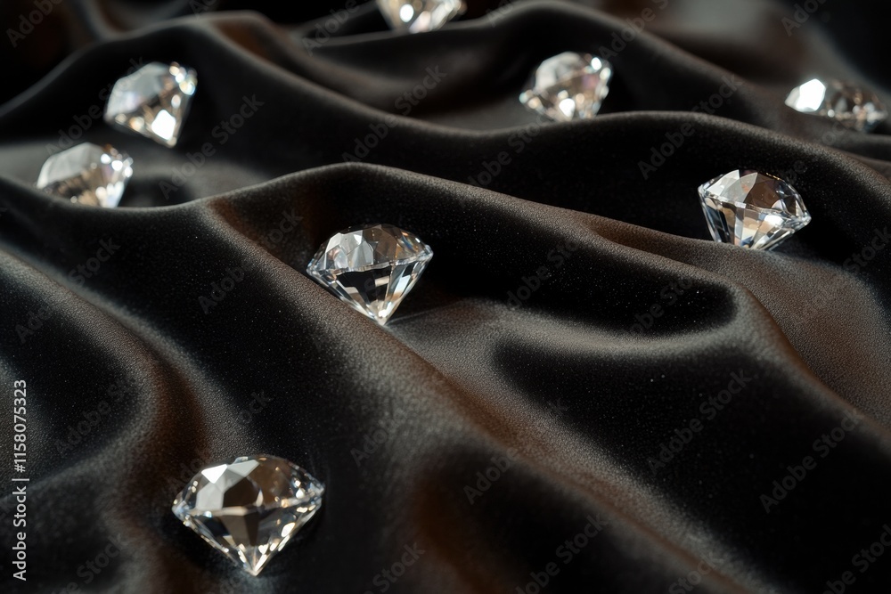 Aufkleber sparkling diamonds scattered on a luxurious black satin fabric with ample copy space for elegant des
