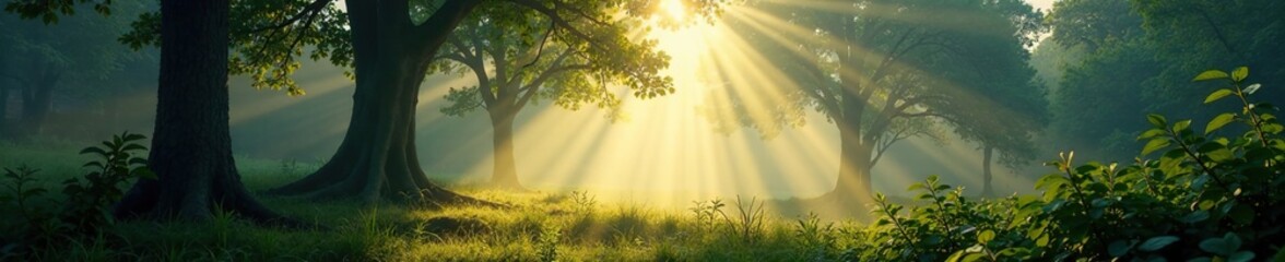 Fototapeta premium Dappled sunlight filters through foggy forest, atmospheric, scenery
