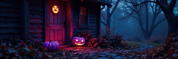 Dark spooky autumn night with glowing purple pumpkins on a rustic wooden door, nighttime, spooky, halloween