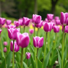 Delicate purple tulips sway gently in spring breeze, garden, texture, spring