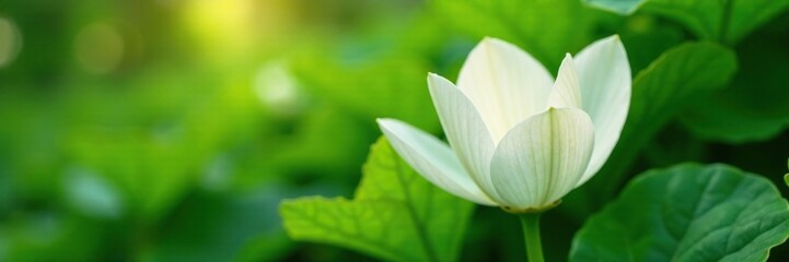 Fototapeta premium Delicate white petals unfold among lush green leaves, plant life, wildflowers