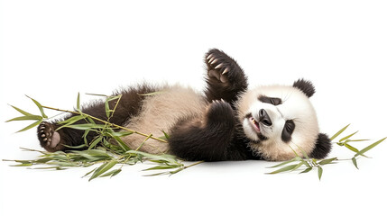 Naklejka premium Cute baby panda lying on the ground, playing with bamboo and enjoying a blissful moment of relaxation.
