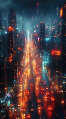 Fototapeta premium A vibrant cityscape at night, showcasing illuminated streets and skyscrapers amidst a misty atmosphere.