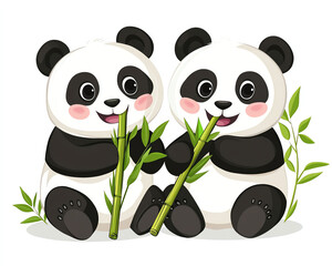 Obraz premium Two adorable pandas happily munching on bamboo in a playful scene filled with greenery.