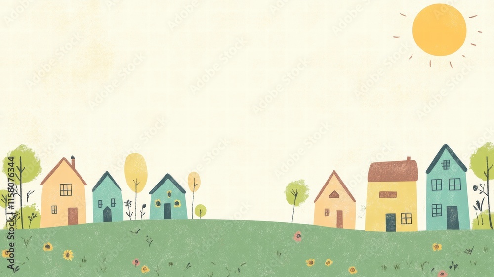 Aufkleber bright naive art style landscape with small houses and sun against a plain background for creative t