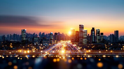 Fototapeta premium A vibrant city skyline at sunset with bustling traffic and glowing lights.
