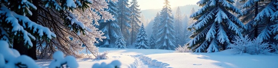 Fototapeta premium Frozen forest with snowflakes settling on trees, nature, serene