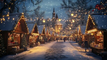 Fototapeta premium Traditional European Christmas market with twinkling lights and stalls