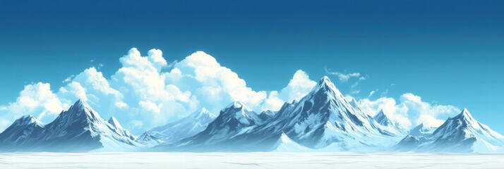 Fototapeta premium Stunning mountain peaks rise majestically against a clear blue sky with fluffy clouds providing a serene backdrop. Generative AI