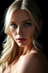 Fototapeta premium Captivating Portrait of a Young Woman with Blonde Hair and Striking Blue Eyes in Dramatic Lighting