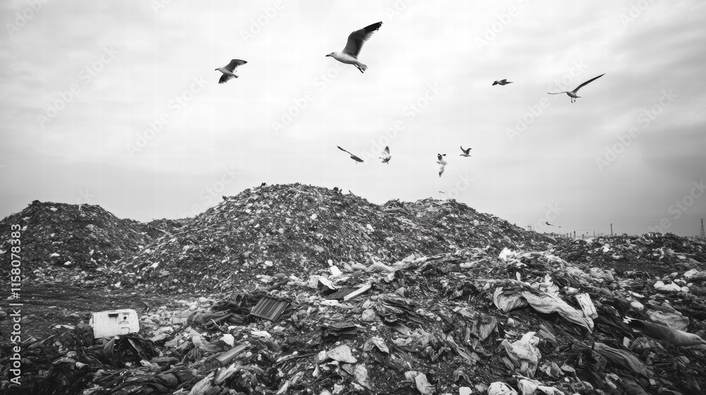 Poster seagulls soar over a vast landfill landscape with space for text and message insertion. generative a