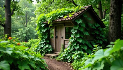 Overgrown vines entwine a small wooden greenhouse, wild, earthy