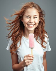 Cheerful Young Girl Enjoying a Pink Ice Cream Bar with Flowing Hair Against a Gray Background