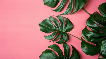 Obraz premium Monstera Leaves on Pink Background