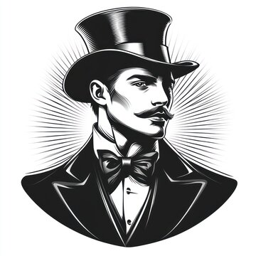 recommend clip art: Elegant gentleman in top hat, monochrome portrait.