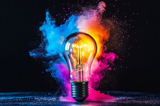 Illuminated lightbulb engulfed in vibrant blue, orange, and pink smoke against a black background.