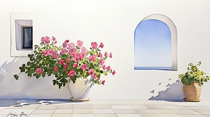 A serene scene featuring vibrant pink flowers in white pots against a bright wall, with a clear sky and ocean visible through an arched window.