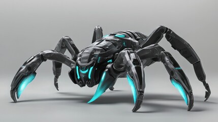 Futuristic robotic spider with glowing blue accents on gray background.