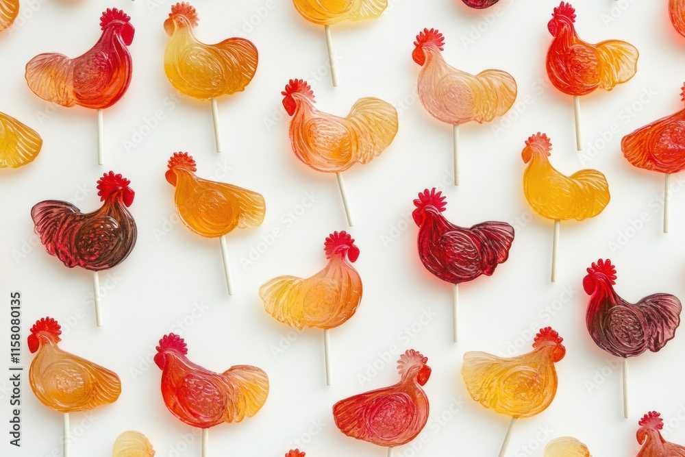 Poster vibrant rooster shaped lollipops on a white background with mock up space for text and design inspir