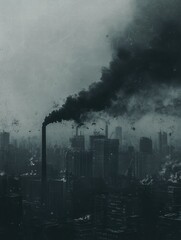 Obraz premium Industrial chimneys release thick black smoke into a gray overcast sky over a city skyline. Generative AI