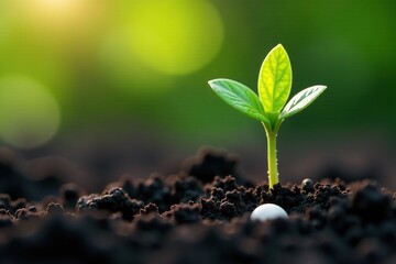 Soft seedling sprouts from a tiny white dot on black soil, sprout, nature, flower