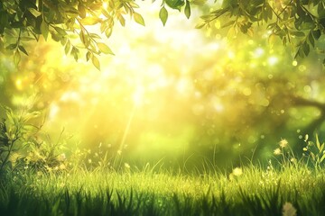 Obraz premium Sunlit green meadow with lush foliage and bright bokeh effect.