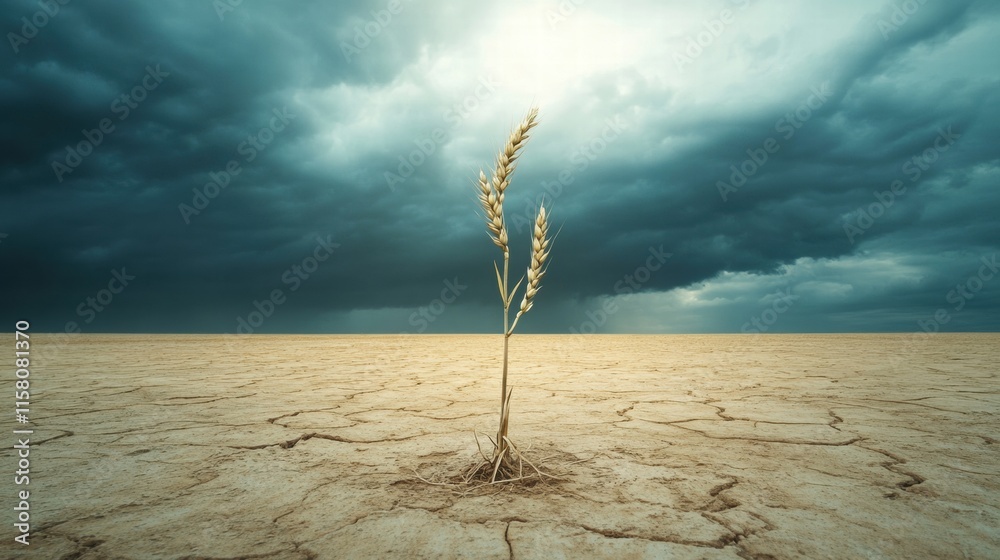 Poster withered wheat stalk stands alone in a dry barren field under cloudy sky. generative ai