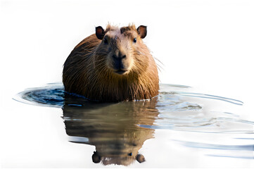 A capybara relaxing by a water's edge, with its calm expression and unique features showcased against a plain white backdrop.
