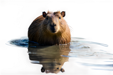 A capybara relaxing by a water's edge, with its calm expression and unique features showcased against a plain white backdrop.
