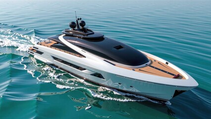 A sleek motor yacht splits the horizon in two, its glossy black upper deck contrasting with brilliant white lower hull as it glides into calm waters