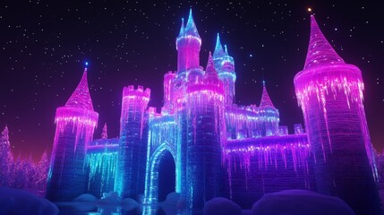 Fototapeta premium Ice castle illuminated with colorful lights during winter holidays