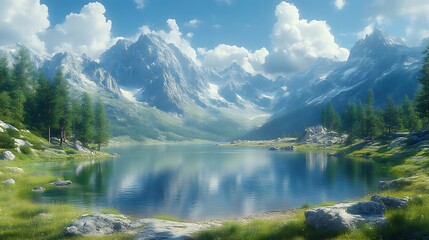 Serene alpine lake reflecting majestic snow-capped mountains under a bright sky.