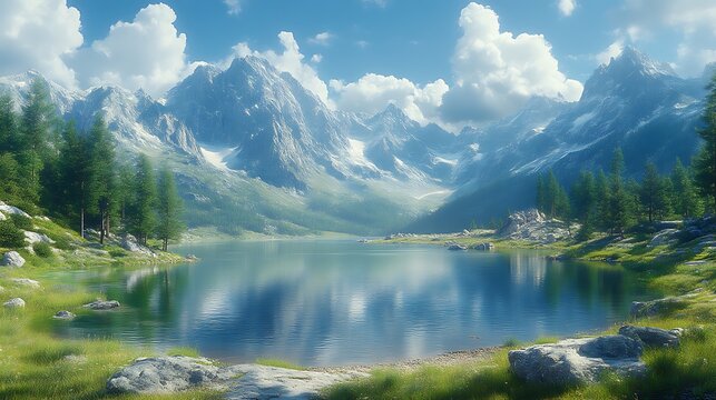 Serene alpine lake reflecting majestic snow-capped mountains under a bright sky.