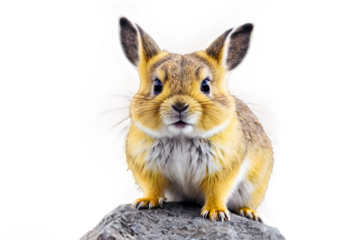 A cute pika sitting on a rock, with its rounded ears and inquisitive expression isolated against a white background.
