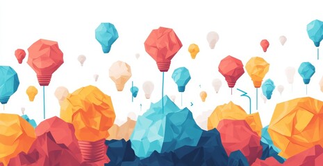 Colorful polygonal lightbulbs floating above abstract mountains, representing creativity and innovation.