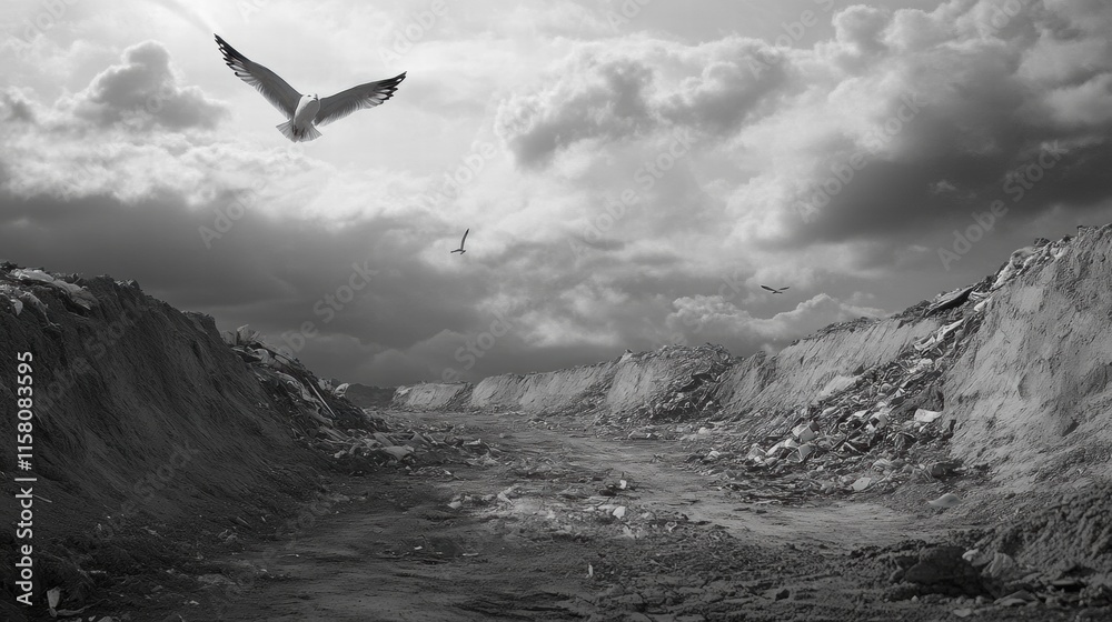 Aufkleber seagulls soar above a vast landfill under a dramatic sky with ample space for text placement. genera
