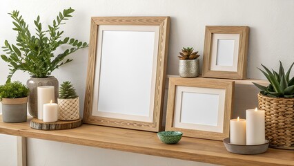 Three blank picture frames displayed as wall art posters, placed on a wooden shelf alongside decorative items, creating a stylish mockup.