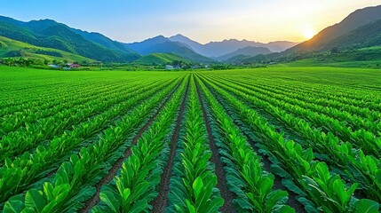 Lush green fields of crops with mountains in the background at sunset.