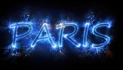 Illuminated Blue Text of Paris Against Dark Background