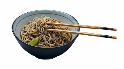 Delicious Soba Noodles in a Blue Bowl with Chopsticks Against a White Background
