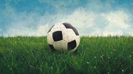 Fototapeta premium Soccer ball on dewy grass under a cloudy sky.