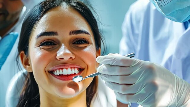 A young Caucasian woman smiles brightly in a dental clinic, undergoing a routine check-up. A dentist in gloves and mask holds instruments, ensuring a positive experience in a bright, clinical setting.