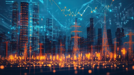 Fototapeta premium Futuristic cityscape with power lines and financial data overlay.