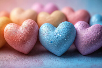 Obraz premium Colorful hearts in pastel shades, featuring pink, blue, and gold, create cheerful and playful atmosphere. Perfect for celebrations and romantic occasions